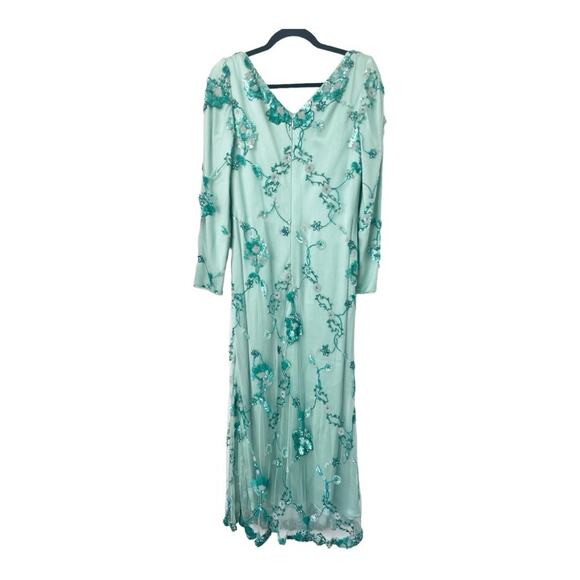 Lourdes Chavez Mint Green Floral Embroidered Sequin Long Sleeve Maxi Gown - Picture 1 of 9